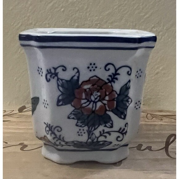 Vintage Chinoiserie Floral Butterflies Ceramic Hand Painted 4" Indoor Planter - Picture 3 of 12